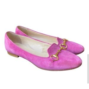 Patricia Green Suede Flat Loafers Gold Horsebit Detail in Pink size 38.5 EU